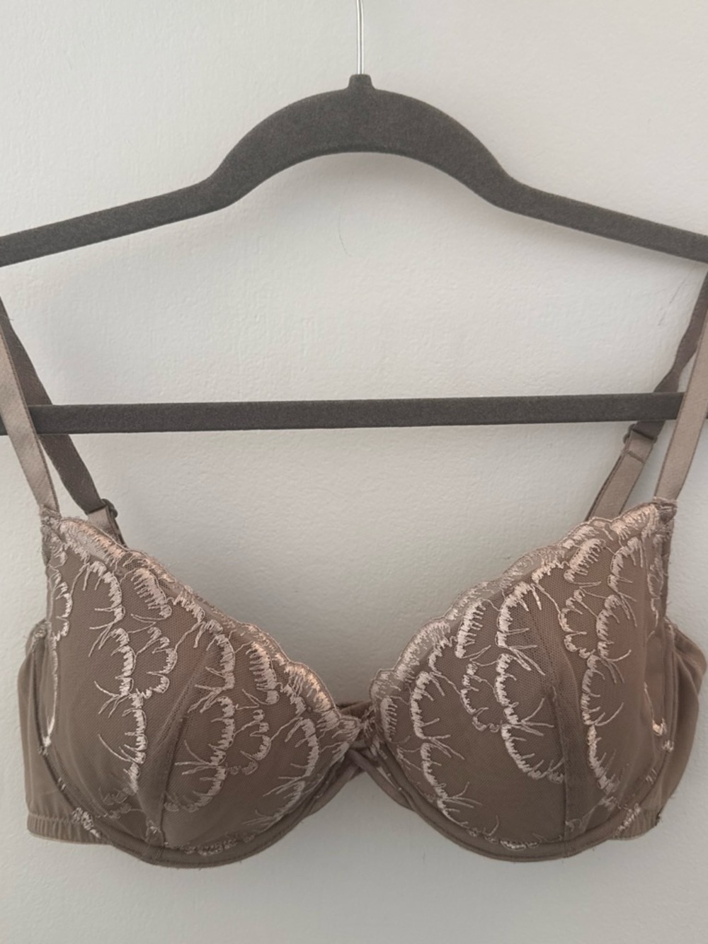 Calvin Klein Taupe Embroidered Underwire Bra with Ivory Stitching